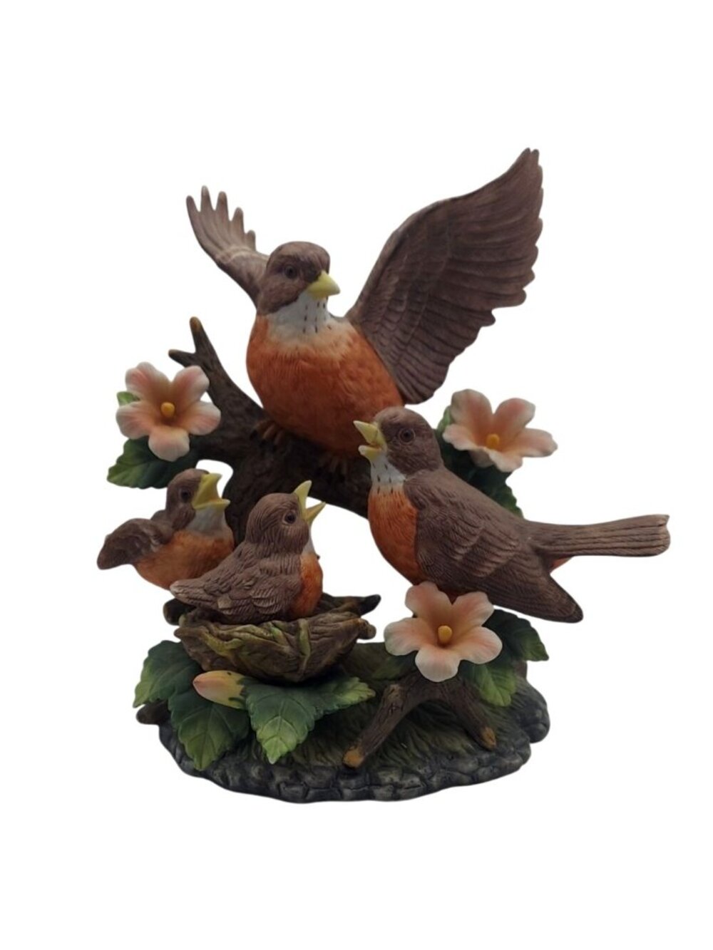Vintage Arnat Hand Painted Porcelain Robin Bird Family Spring Flowers Nest